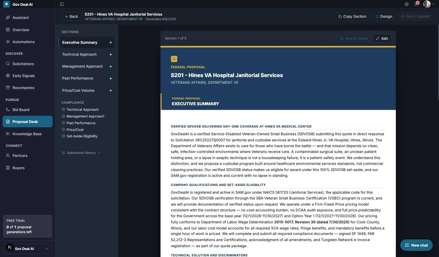 The Proposal Desk with a completeness dot on every section and the compliance list beside the draft